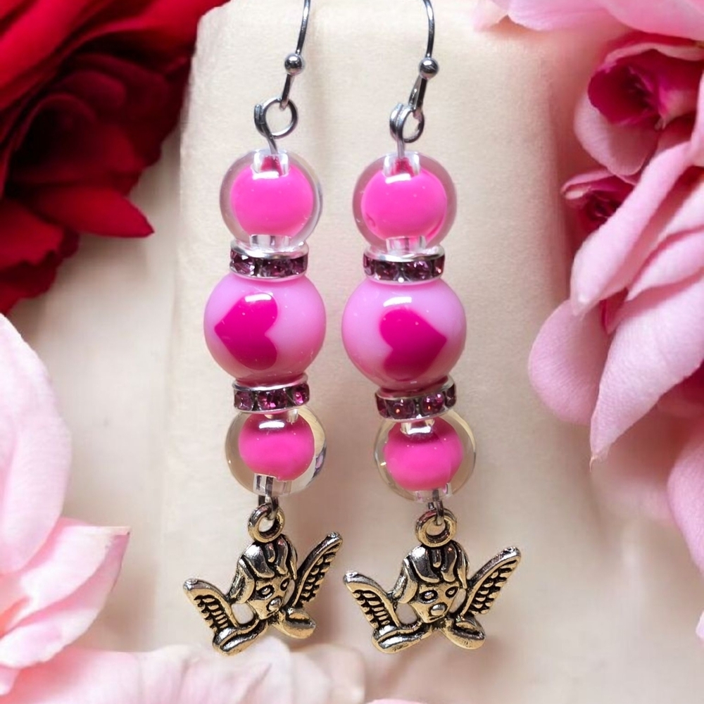 Handmade Barbie Pink Hearts Rhinestones Tibetan Silver Angel Dangle Earrings